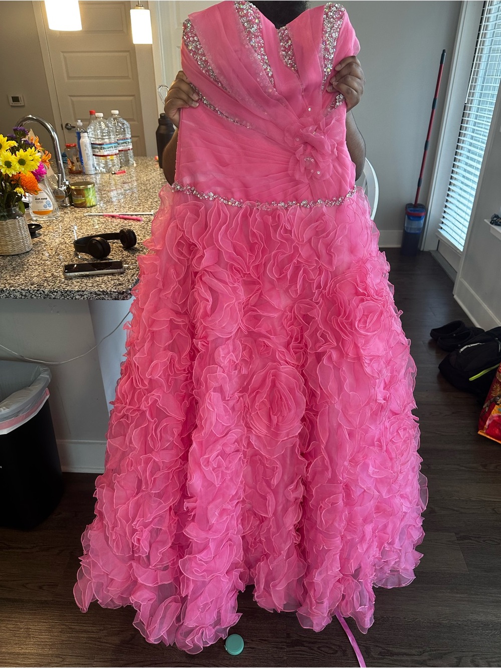 Mary's Pink Organza Beaded Ruffle Quinceañera Dress